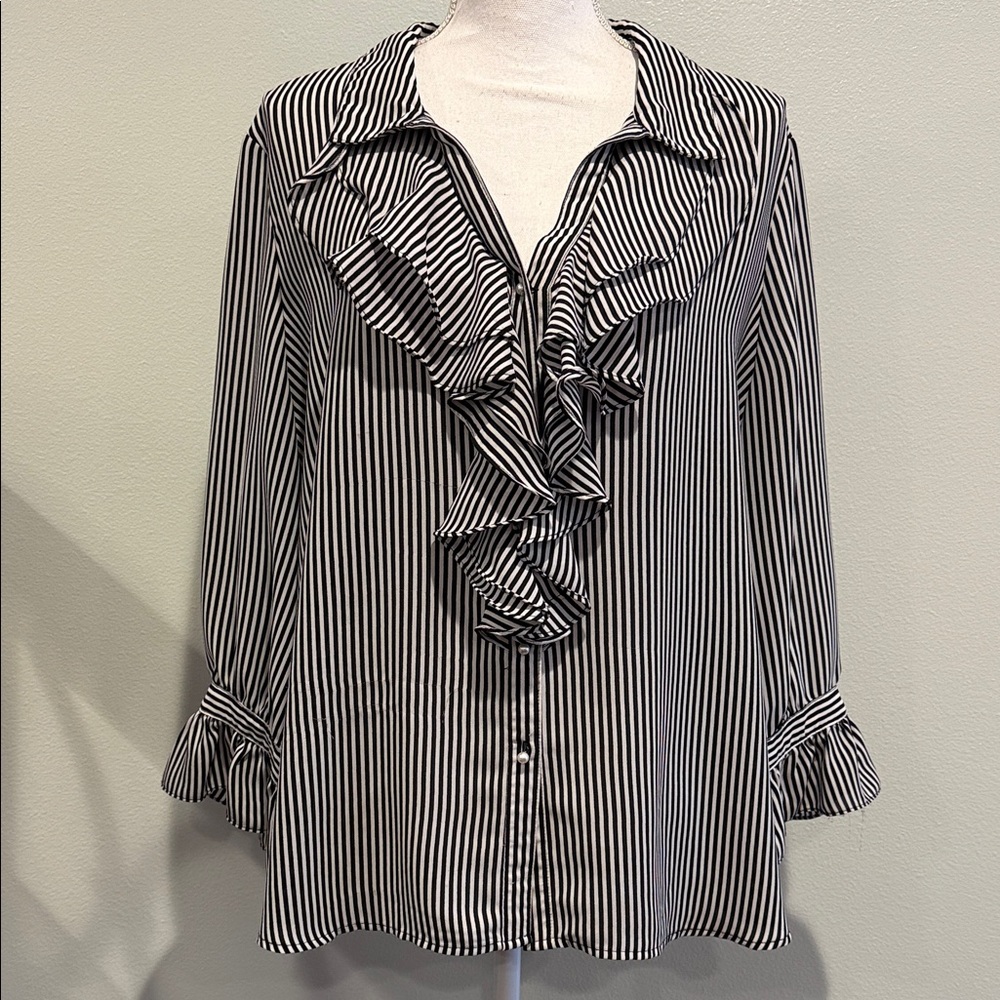 KARL LAGERFELD PARIS Size XL Striped Black and White Ruffle Blouse pit to pit 24